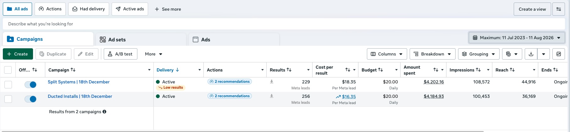Meta Ads Manager results: 229 split system and 256 ducted install leads